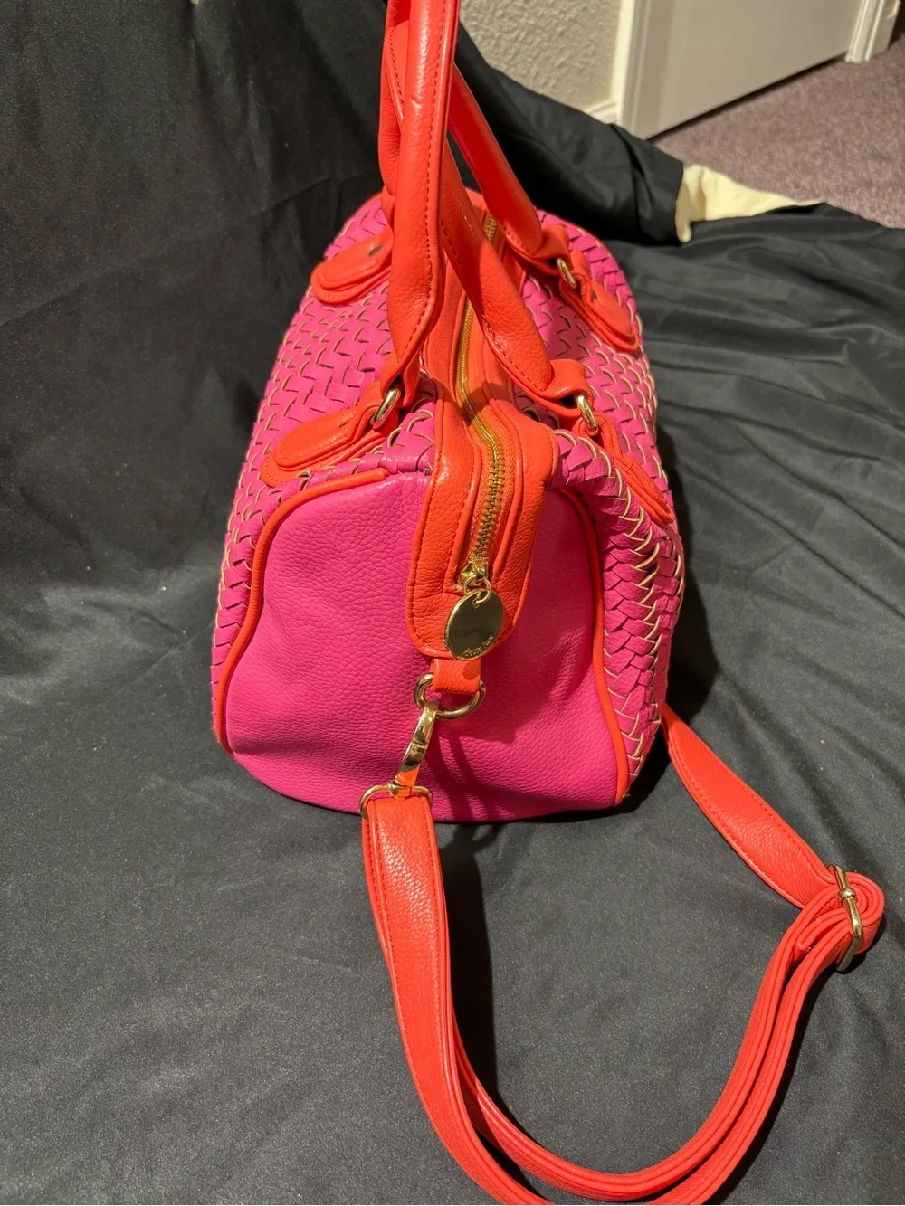Deux Lux Hot Pink and Coral Woven Satchel with Shoulder Strap